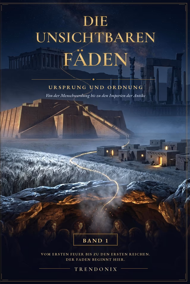 Cover Band 1: eine goldene Linie steigt vom Feuer über Ährenfeld und Dorf zur Zikkurat und zu den Säulen von Persepolis.