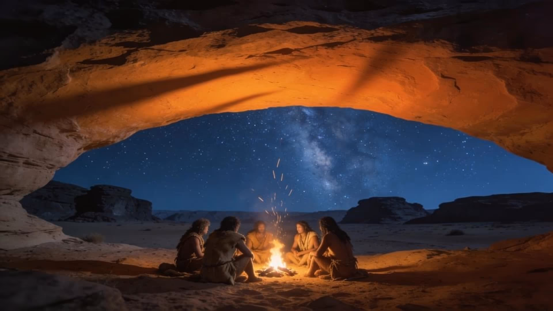 Eine Gruppe sitzt nachts um ein Feuer unter einem Felsüberhang; darüber der Sternenhimmel.