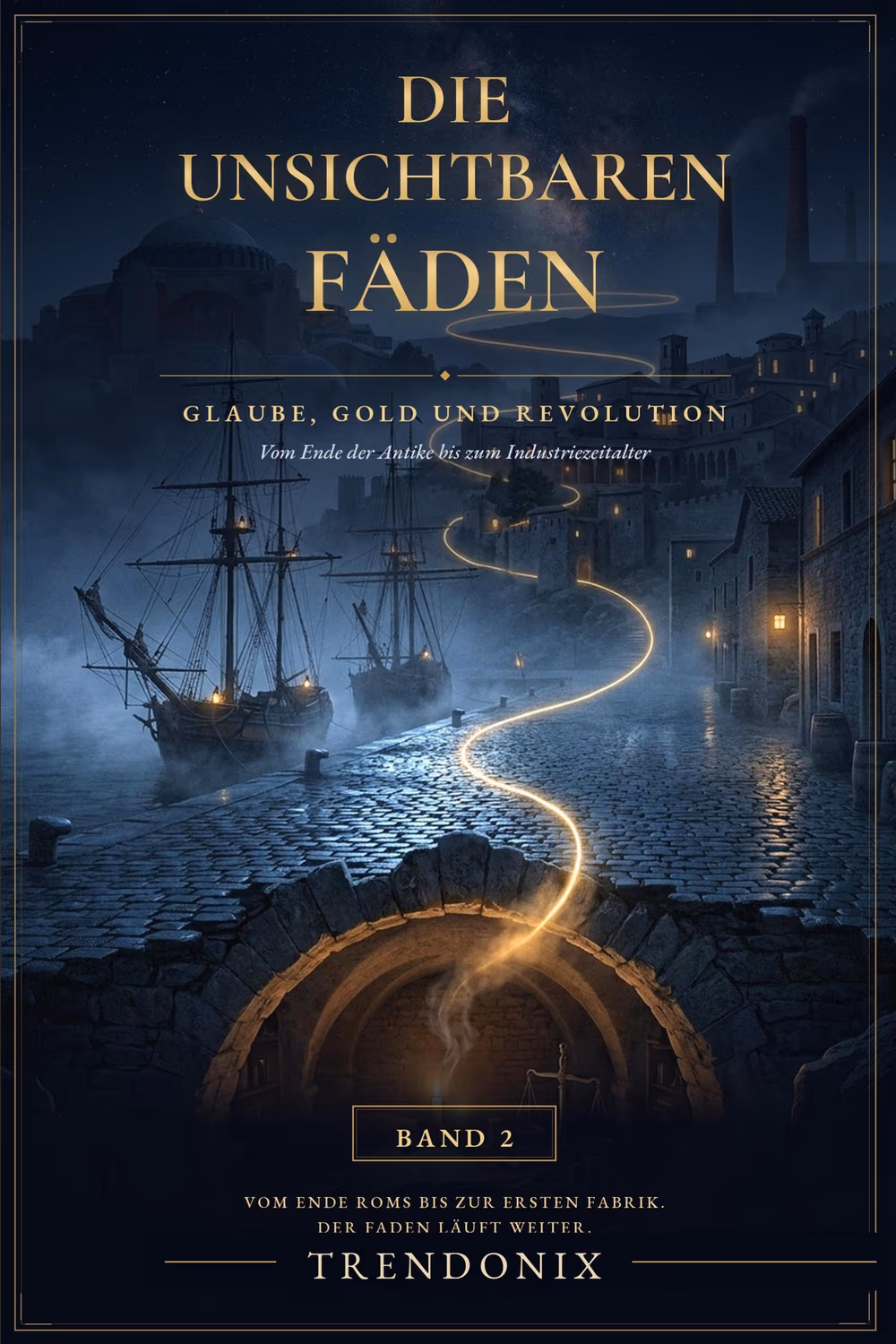 Umschlag von Band 2: Glaube, Gold und Revolution – nächtlicher Hafen, ein Goldfaden führt durch die Gasse zum Tor.
