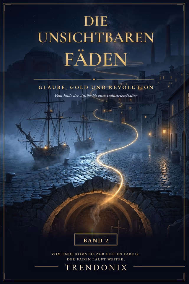 Umschlag von Band 2: Glaube, Gold und Revolution – nächtlicher Hafen, ein Goldfaden führt durch die Gasse zum Tor.