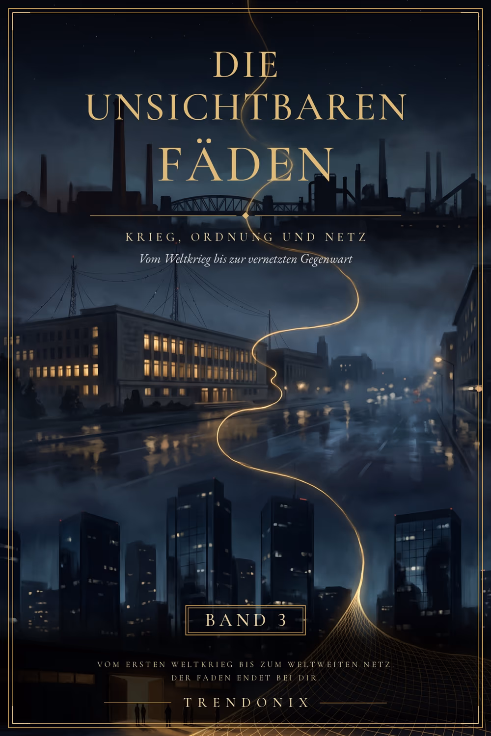 Umschlag von Band 3: Krieg, Ordnung und Netz – eine nächtliche Stadt aus Fabrik und Hochhaus, ein Goldfaden läuft von oben bis zum unteren Rand.