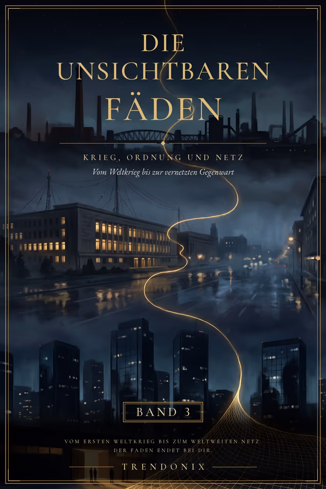 Umschlag von Band 3: Krieg, Ordnung und Netz – eine nächtliche Stadt aus Fabrik und Hochhaus, ein Goldfaden läuft von oben bis zum unteren Rand.