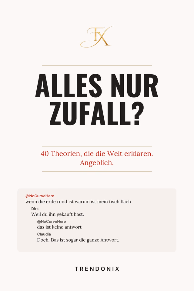 Umschlag von „Alles nur Zufall?“: heller Papierton, darüber das goldene Trendonix-Monogramm, der Titel in schwerer Versalschrift, darunter in Rot der Untertitel und ein nachgestellter Kommentarverlauf zwischen vier Sprechenden.